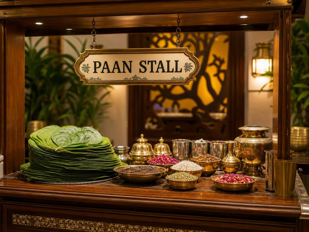 Traditional Indian paan stall with fresh betel leaves and brass serving bowls